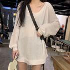 Puff-sleeve V-neck Sheer T-shirt