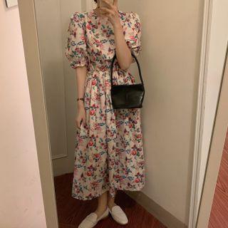 Puff-sleeve Floral Print Midi A-line Dress Red Flower - Almond - One Size