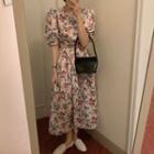 Puff-sleeve Floral Print Midi A-line Dress Red Flower - Almond - One Size