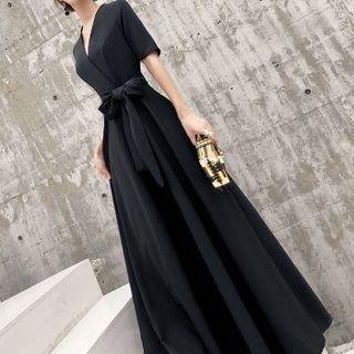 Short-sleeve Tie-front A-line Evening Gown (various Designs)