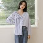 Long-sleeve Striped Frill Trim Blouse