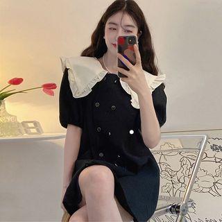 Puff-sleeve Contrast Collar Double-breasted Mini Dress Black - One Size