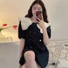 Puff-sleeve Contrast Collar Double-breasted Mini Dress Black - One Size