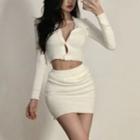Set 2: Long-sleeve Lapel Chenille Cardigan + Lapel Mini Skirt