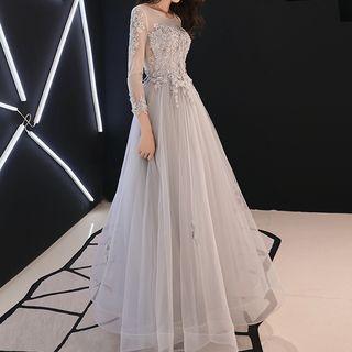 Flower Detail 3/4-sleeve A-line Evening Gown