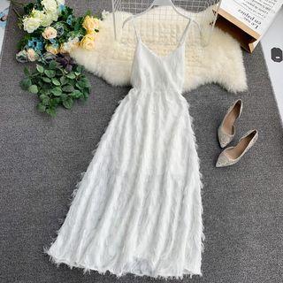 Spaghetti Strap Feather-accent Open-back Maxi A-line Dress