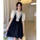 Short-sleeve Round-neck Lace Panel Dress Black - One Size
