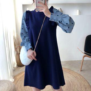 Long-sleeve Dotted Panel Mini Knit Dress