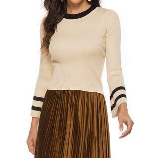 Bell-sleeve Striped Ribbed Bodycon Knit Sweater