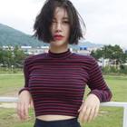 Striped Long-sleeve Crop T-shirt Stripes - Black & Red - One Size