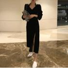 V-neck Plain Side Slit Midi Dress