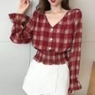 V-neck Plaid Blouse Red - One Size