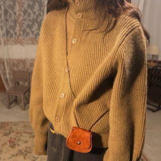 Plain Turtle-neck Single-breasted Long-sleeve Cardigan