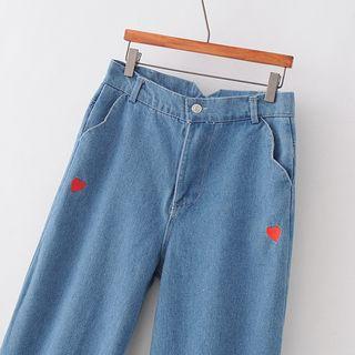 Heart Embroidered Scallop Hem Straight-leg Jeans