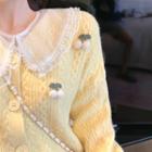 See-through Long-sleeve Sheer Top / Cherry Cardigan / Tweed Skirt