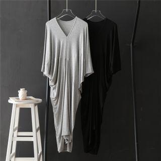 Plain Dolman-sleeve V-neck Midi Dress