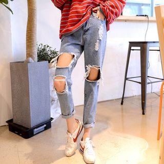 Fray-hem Cutout Tapered Jeans