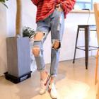 Fray-hem Cutout Tapered Jeans