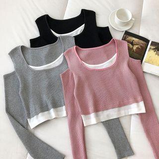 Color-block Off-shoulder Long-sleeve Knit Top