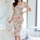 Puff-sleeve Square-neck Floral Print Bodycon Dress