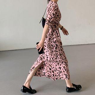 Leopard Print Short-sleeve Midi A-line Dress