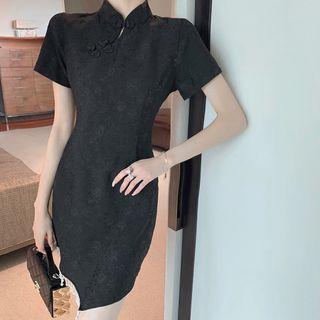 Short-sleeve Frog-button Mini Sheath Dress