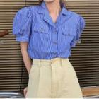 Short-sleeve V-neck Striped Shirt Stripe - Blue & White - One Size