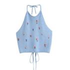 Sleeveless Flower Embroidered Halter Knit Top
