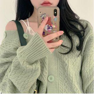 Plain V-neck Cable-knit Cardigan Green - One Size