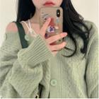 Plain V-neck Cable-knit Cardigan Green - One Size