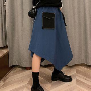 Color-block Pocket Asymmetric Skirt Blue - One Size