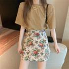 Elbow-sleeve Top / Flower Print Mini A-line Skirt