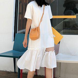 Short-sleeve Sheer Panel Ruffle Hem Dress