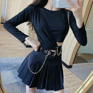 Sheath Long-sleeve T-shirt / Set Of 2 : Sheath Long-sleeve T-shirt + Accordion Pleat Skirt / Set Of 3 : Sheath Long-sleeve T-shirt + Accordion Pleat Skirt With Belt
