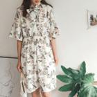 Floral Print Elbow-sleeve Tie-neck A-line Dress