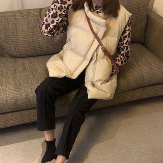 Pocketed Padded Vest / Cropped Boot-cut Pants / Leopard Print Long-sleeve T-shirt