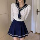 Long-sleeve Sailor Collar Frill Trim Top / Pleated Mini A-line Skirt / Set