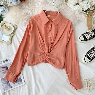 Long-sleeve Knotted Cropped Shirt