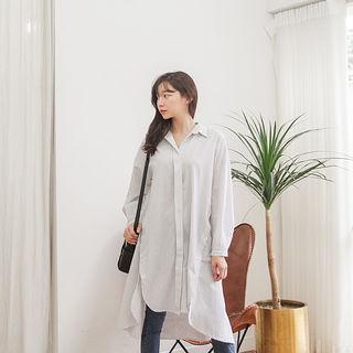 Long-sleeve Dip-back Stripe Long Shirtdress