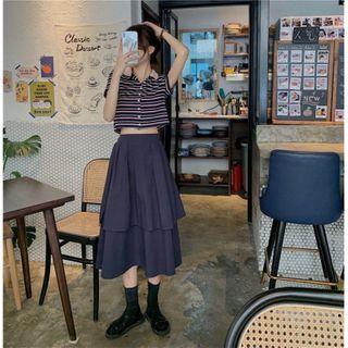 Short-sleeve Striped Cropped Shirt / A-line Midi Skirt