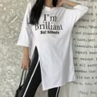 Set: Lettering Side-slit 3/4-sleeve T-shirt + Striped Cropped Leggings