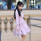 Long-sleeve Lace Trim V-neck Mini Dress
