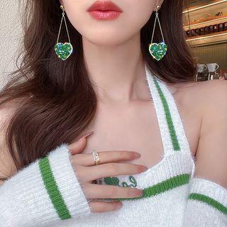 Rhinestone Heart Drop Earring 1 Pair - Silver Needle - Green - One Size