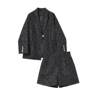 Set: Jacquard Blazer + Wide-leg Shorts Set Of 2 - Blazer & Shorts - Black - One Size
