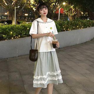 Pocket Detail Short-sleeve Shirt / Frilled Trim Midi A-line Skirt
