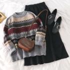 Pattern Crew-neck Sweater / Plain Knit Skirt