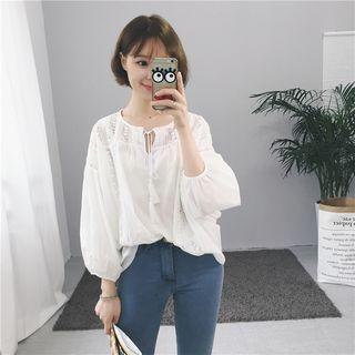 3/4-sleeve Tie-neck Tasseled Blouse