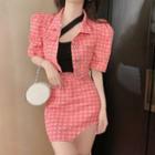 Short-sleeve Houndstooth Jacket / A-line Skirt
