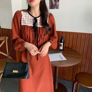 Long-sleeve Lace Trim Bow Dress