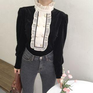 Retro Ruffle Trim Double Breasted Velvet Top Black - One Size